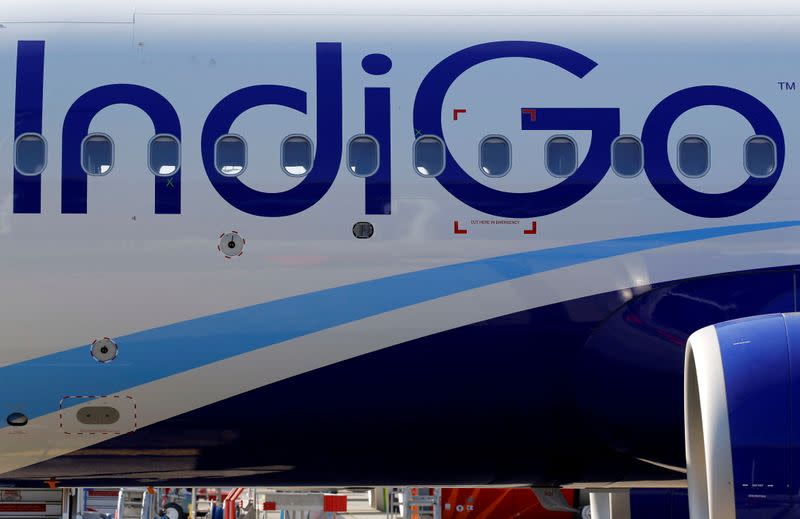 FILE PHOTO: The logo of IndiGo Airlines is pictured on passenger aircraft on the tarmac in Colomiers near Toulouse