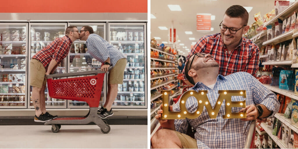 Aaron Damron and Tony DiPasqua took their engagment photos at a place near and dear to their hearts: Target. (Photo: )