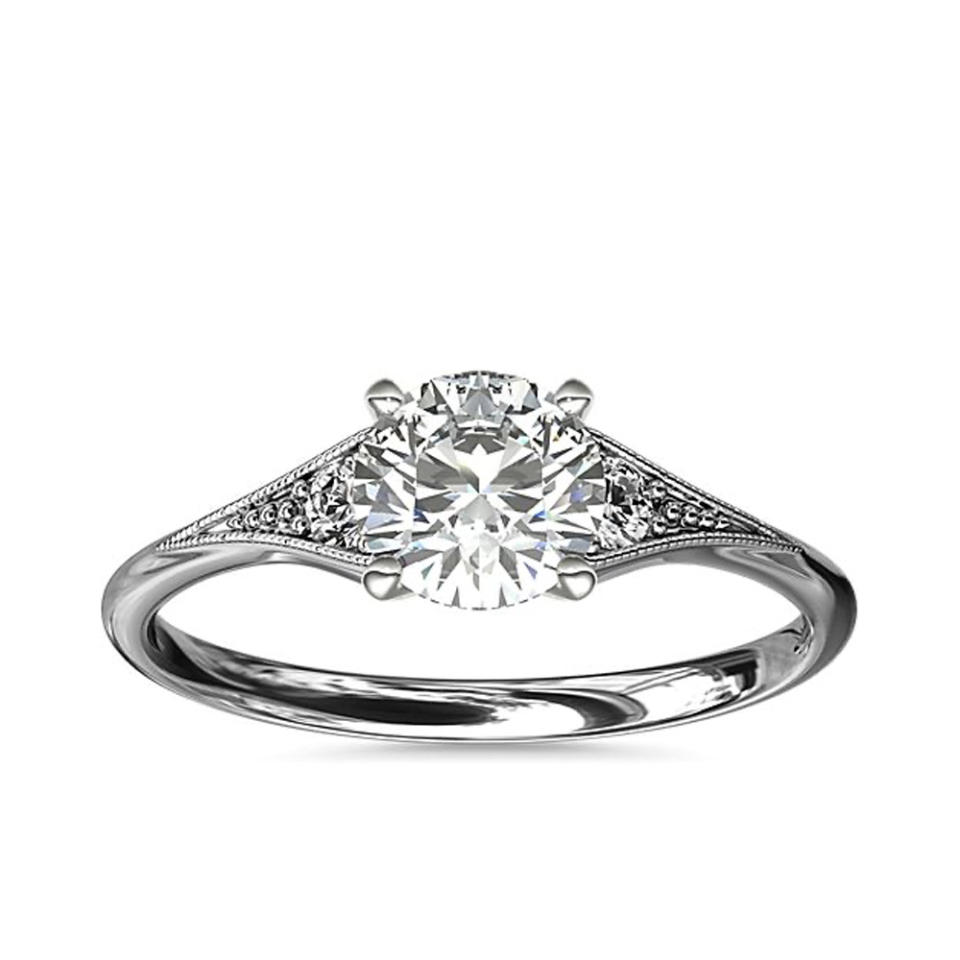 Blue Nile Heirloom Petite Milgrain Engagement Ring In 14k White Gold on white background