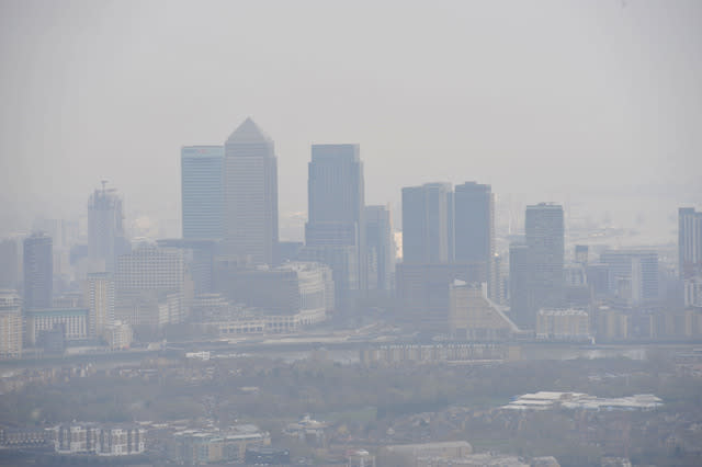 A view of smog lying over London from The View from The Shard, in south London. PRESS ASSOCIATION Photo. Picture date: Friday April 10, 2015. See PA story WEATHER Hottest. Photo credit should read: Nick Ansell/PA Wire  