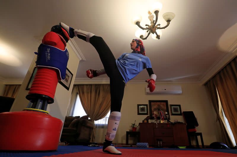 Egyptian Taekwondo practitioner and 2016 Rio Olympics bronze medallist Wahba works out at her home amidst the spread of the coronavirus disease (COVID-19) in Cairo