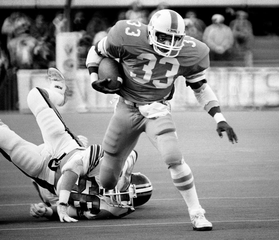 Tennessee star running back Johnnie Jones breaks free from the grab of a Vanderbilt defender Nov. 26, 1983. Jones, a junior, amassed 248 yards in 30 carries for the game and became UT’s first single-season 1,000-yard rusher.