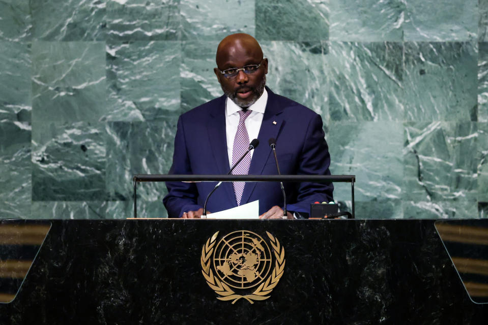 President of Liberia George Weah addresses the 77th session of the United Nations General Assembly, Thursday, Sept. 22, 2022, at U.N. headquarters. (AP Photo/Julia Nikhinson)