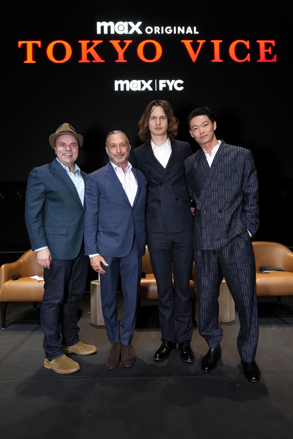 (L-R) J.T. Rogers, Alan Poul, Ansel Elgort, and Shô Kasamatsu onstage during Max's "Tokyo Vice" Season 2 FYC Event at Avalon Hollywood & Bardot on April 03, 2024 in Los Angeles, California