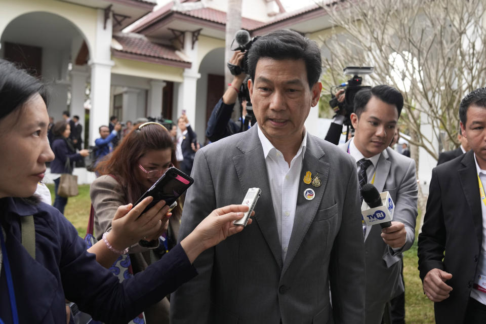 Thai Foreign Minister Parnpree Bahiddha-Nukara talks to reporter at The Association of Southeast Asian Nations (ASEAN) Foreign Ministers retreat meeting in Luang Prabang, Laos, Monday, Jan. 29, 2024. (AP Photo/Sakchai Lalit)