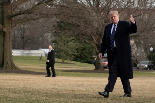 US President Donald Trump gives a thumbs up as he returns to the White House after his annual physical exam on February 8, 2019