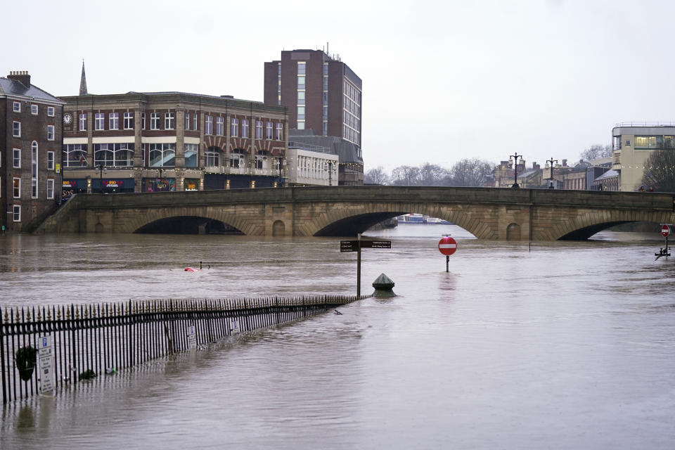 Flood water in York, Yorkshire, after the River Ouse burst its banks. The Met Office has issued an amber weather warning for Storm Henk, which is forecast to bring gusts of up to 80mph to parts of the UK. Picture date: Tuesday January 2, 2024. (Photo by Danny Lawson/PA Images via Getty Images)