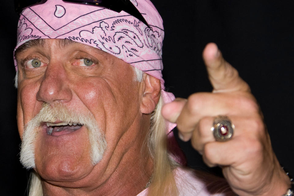 Hulk Hogan attends a news conference to announce his return to wrestling with TNA Wrestling held at Madison Square Garden in New York. Hogan is suing a Tampa Bay-based disc jockey, the DJ's ex-wife and a New York media group over a sex tape. According to a news release sent by a publicist, two lawsuits will be discussed during a news conference on Monday, Oct. 15, 2012, near the federal courthouse in Tampa. Hogan said he was illegally taped having sex with the ex-wife of DJ Bubba “The Love Sponge” Clem without his consent six years ago. The video of Hogan and Heather Clem was leaked to the online gossip site Gawker, which posted portions. Hogan has sent a cease-and-desist letter to Gawker, which has not removed the video. (AP Photo/Charles Sykes)