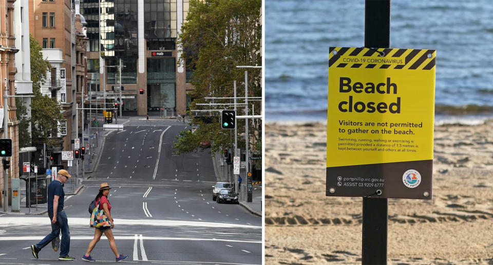 Two people walk across the street in Sydney's CBD pictured on the left. A 'beach closed' sign is seen in Victoria.