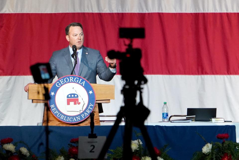 Georgia's Lieutenant Governor Burt Jones speaks at the Georgia Republican Party convention in Columbus, Georgia, U.S. June 10, 2023. REUTERS/Megan Varner