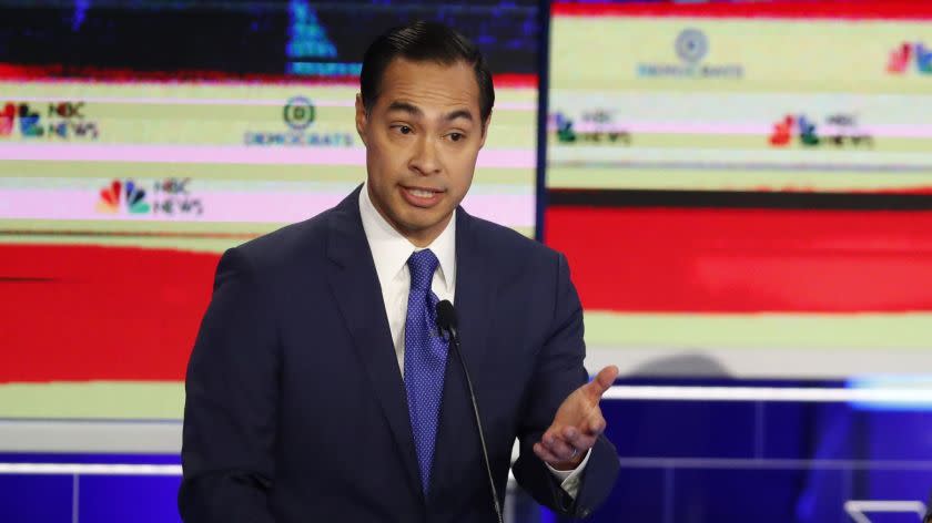 Democratic presidential candidate former Housing Sec. Julian Castro, speaks during the Democratic primary debate hosted by NBC News at the Adrienne Arsht Center for the Performing Art, Wednesday, June 26, 2019, in Miami. (AP Photo/Wilfredo Lee)