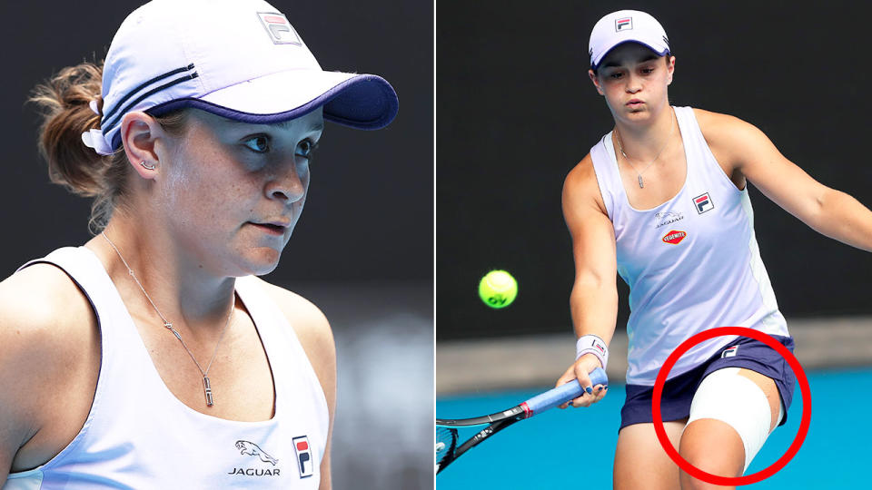 Pictured here, Ash Barty sports a heavily strapped left leg during her match.