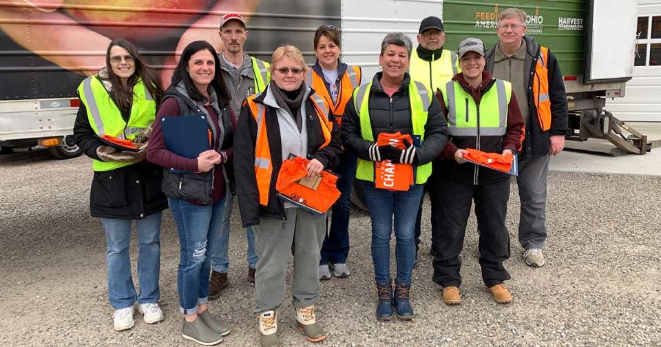 A group of volunteers who provided more than 18 hours of service each to the monthly Second Harvest Food Bank of North Central Ohio Mobile Food Pantry events were recognized prior to the February 2022 distribution by the Galion City Schools and the City of Galion. Those recognized included, from left, Beth Ann Jones, Sheri McMullen, Jerry Myers, Cindy Wallis, Gina Redman, Adair Pittman, Lupe Campo, Heidi Wolfe (Second Harvest Food Bank of North Central Ohio) and Tim Mantey.