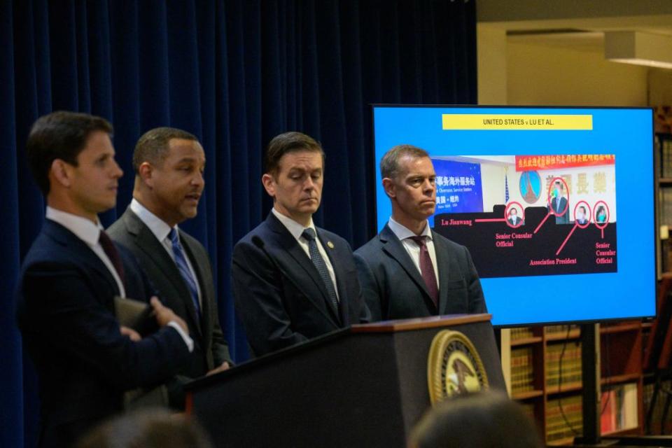 U.S. Attorney for the Eastern District of New York Breon Peace (second from left) speaks at a Justice Dept. news conference announcing arrests and charges against multiple individuals alleged to be working illegally in connection with the Chinese government, in New York City on April 17, 2023.<span class="copyright">Angela Weiss—AFP/Getty Images</span>