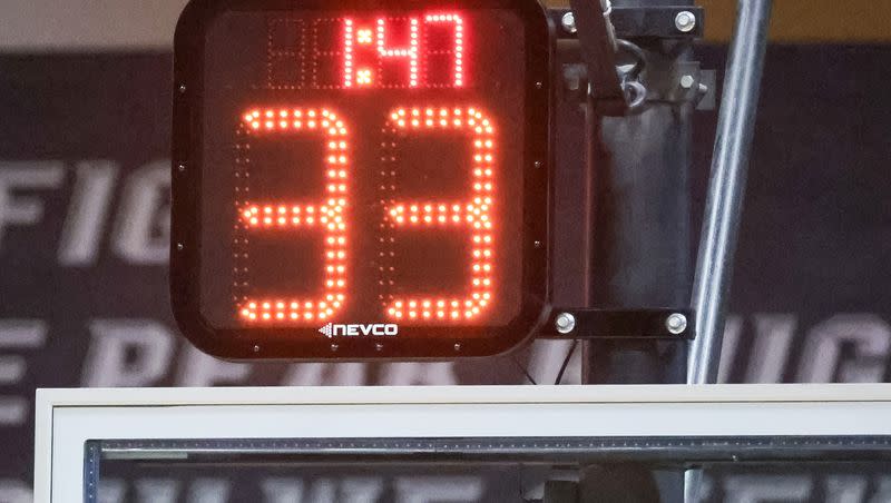 The shot clock is pictured during a high school basketball game on Tuesday, Dec. 12, 2023.