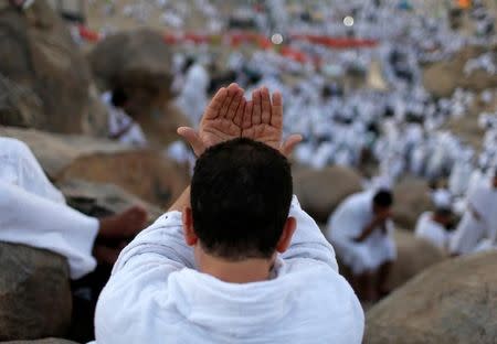 A Muslim pilgrim prays on Mount Mercy on the plains of Arafat during the annual haj pilgrimage, outside the holy city of Mecca, Saudi Arabia September 11, 2016. REUTERS/Ahmed Jadallah