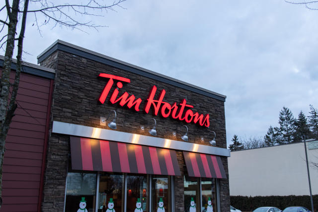 Tim Hortons Logo in Front of One of Their Restaurants in Quebec