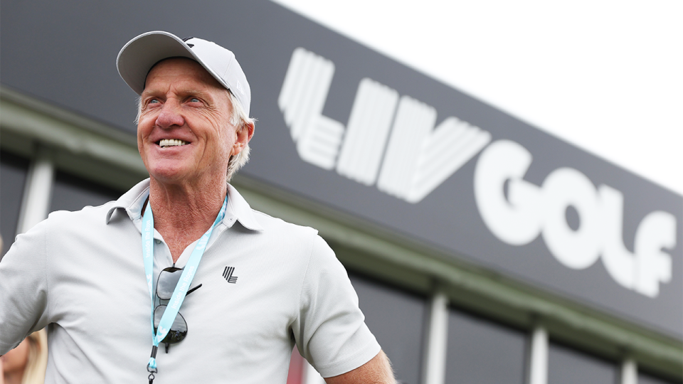 LIV Golf CEO Greg Norman (pictured) in front of a sign.