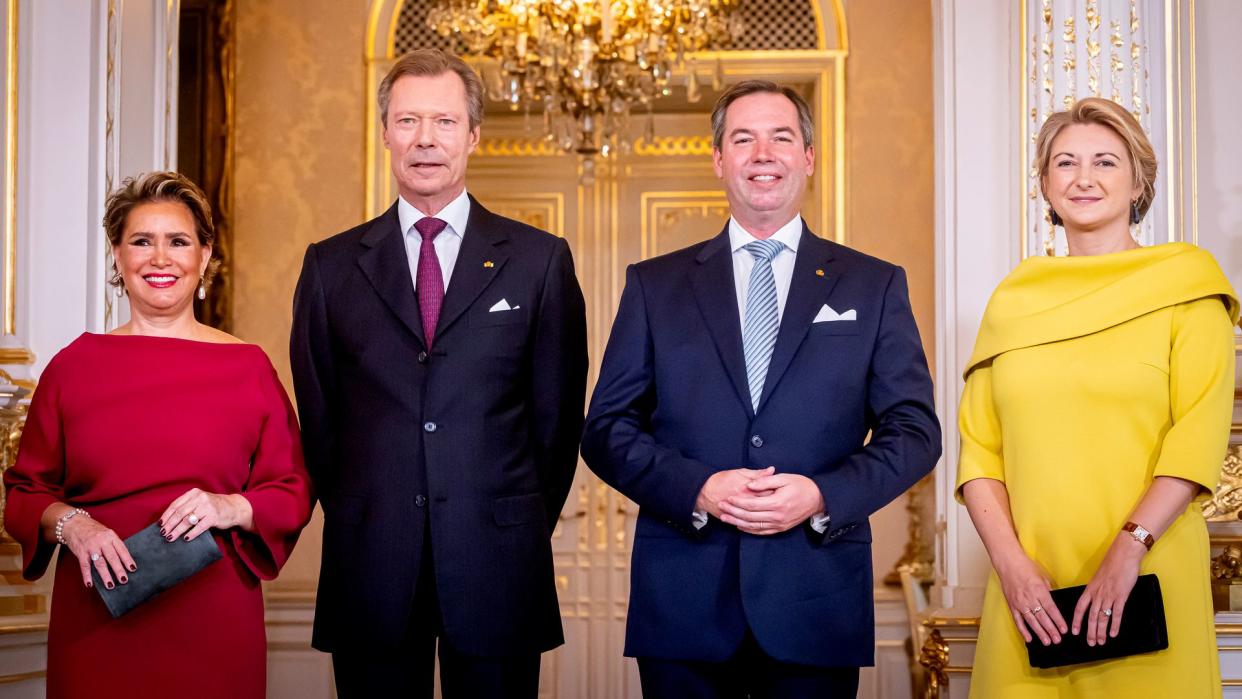 Grand Duke Henri of Luxemburg, Grand Duchess Maria Teresa of Luxembourg, Hereditary Grand Duke Guillaume of Luxembourg and Hereditary Grand Duchess Stephanie of Luxembourg during the inauguration ceremony of Hereditary Grand Duke Guillaume as  Lieutenant Representative