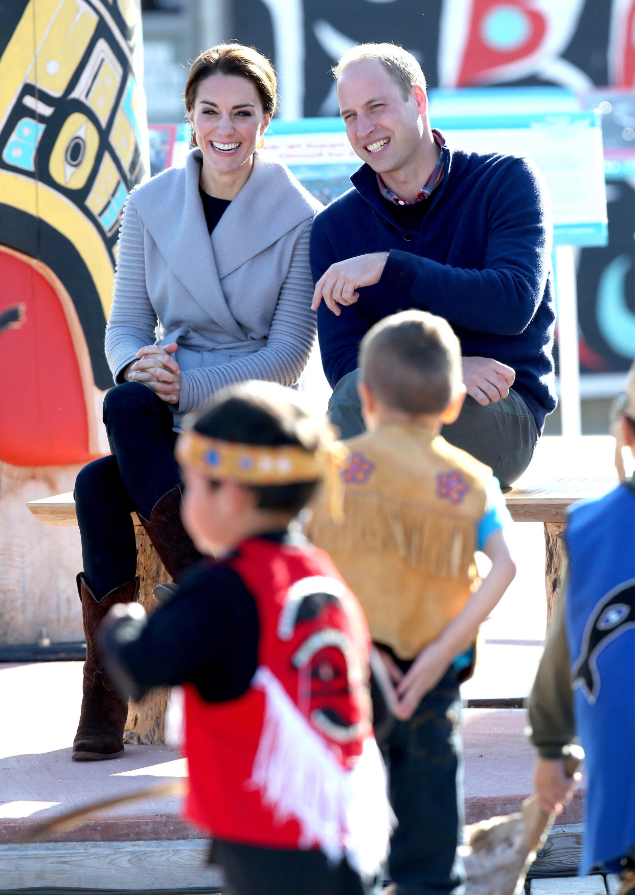 CARCROSS, CANADA - SEPTEMBER 28:  Catherine Duchess of Cambridge and Prince William, Duke of Cambridge receive a cultural welcome by the First Nation people during their Royal Tour of Canada on September 28, 2016 in Carcross, Canada. Prince William, Duke of Cambridge, Catherine, Duchess of Cambridge, Prince George and Princess Charlotte are visiting Canada as part of an eight day visit to the country taking in areas such as Bella Bella, Whitehorse and Kelowna.  (Photo by Chris Jackson/Getty Images)