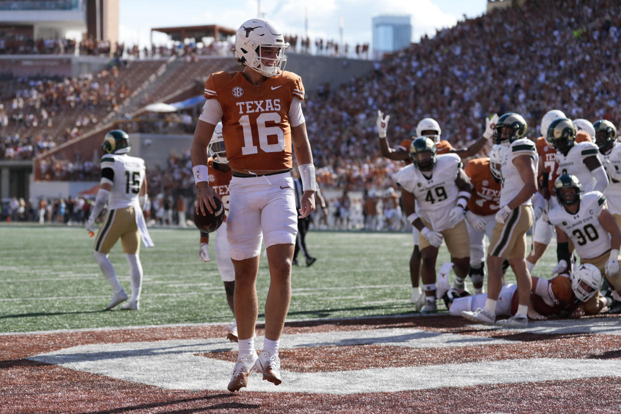 Texas quarterback Arch Manning (16) celebrates after scoring a touchdown against Colorado State during the second half of an NCAA college football game in Austin, Texas, Saturday, Aug. 31, 2024. (AP Photo/Eric Gay)