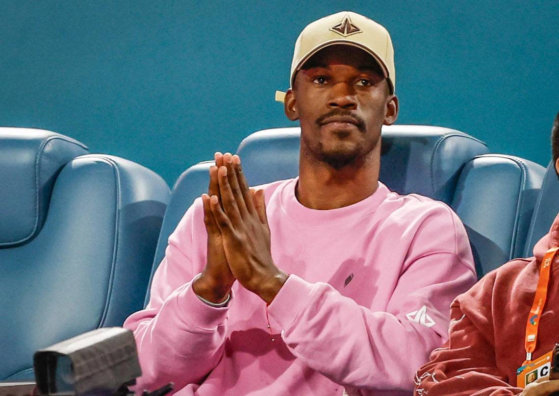 Miami Heat’s Jimmy Butler watches the match between Carlos Alcaraz of Spain and Grigor Dimitrov of Bulgaria during the Miami Open Tennis Tournament at Hard Rock Stadium in Miami Gardens, Florida on Thursday, March 28, 2024.