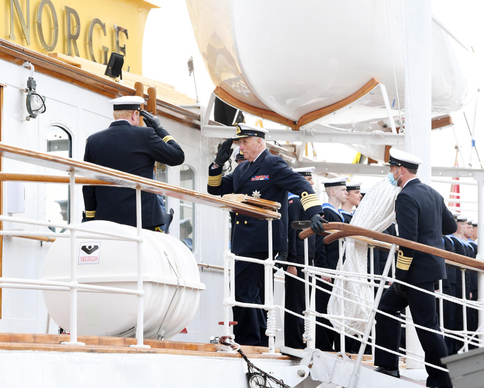 OSLO, NORWAY- MAY 6: King Harald V and Crown Prince Haakon attend an inspection of the Royal Yacht Norge on May 6, 2021 in Oslo, Norway. (Photo by Rune Hellestad/ Getty Images).