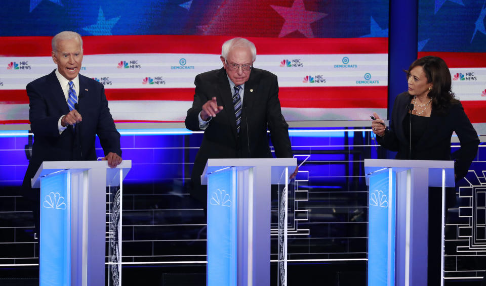 Former Vice President Joe Biden, Sen. Bernie Sanders (I-Vt.) and Sen. Kamala Harris (D-Calif.) at the Democratic primary debate Thursday night. (Photo: ASSOCIATED PRESS)