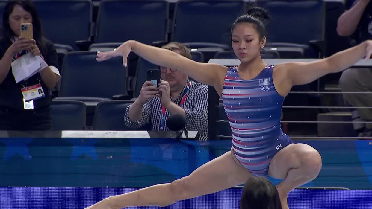 <div>Suni Lee practicing beam during podium training on Wednesday, June 26.</div> <strong>(FOX 9)</strong>