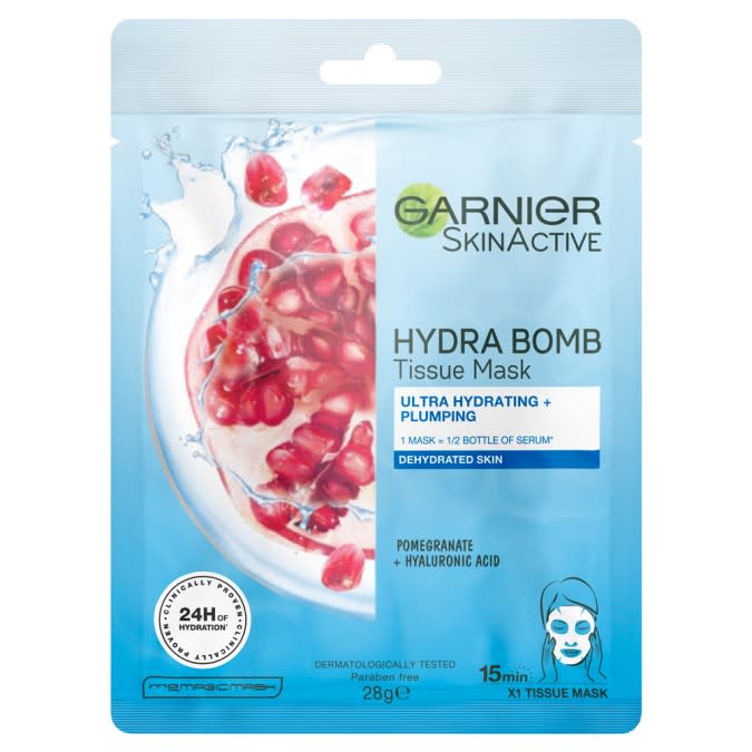 GARNIER SkinActive Hydra Bomb Tissue Face Mask Pomegranate in a plastic sleeve.