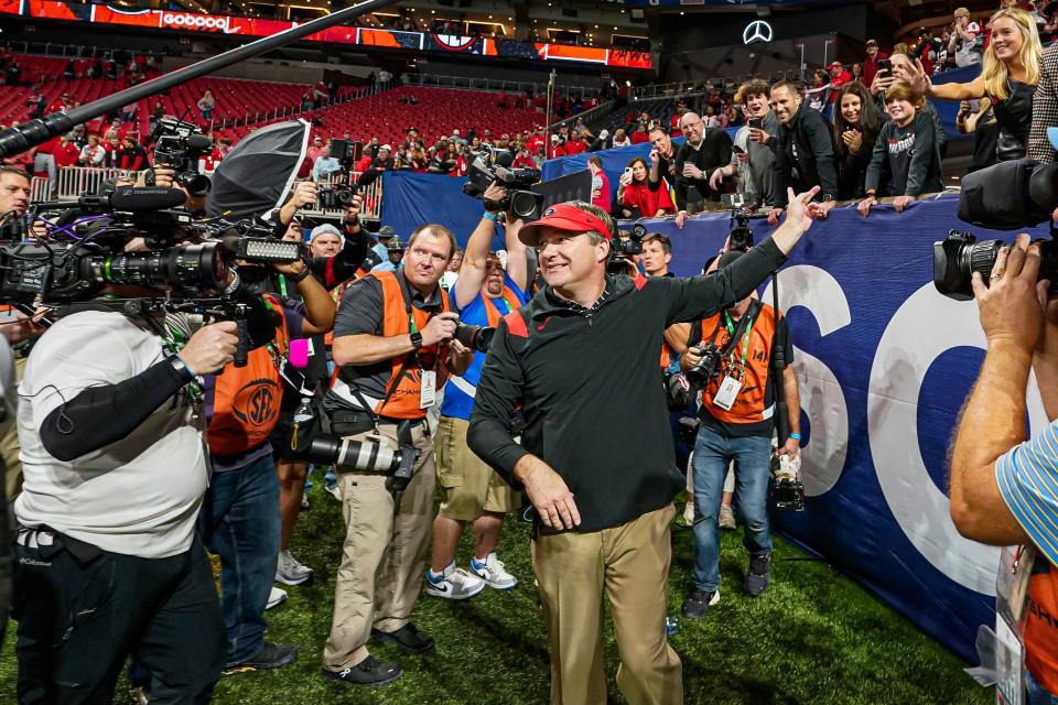 Georgia coach Kirby Smart reacts after the Bulldogs defeated LSU in the SEC Championship game at Mercedes-Benz Stadium.