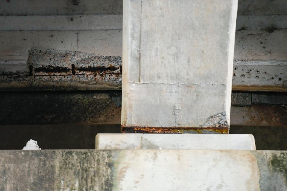 A chunk of concrete is seen missing from under US 29/ Church Street Bridge on Wednesday, April 3, 2024.