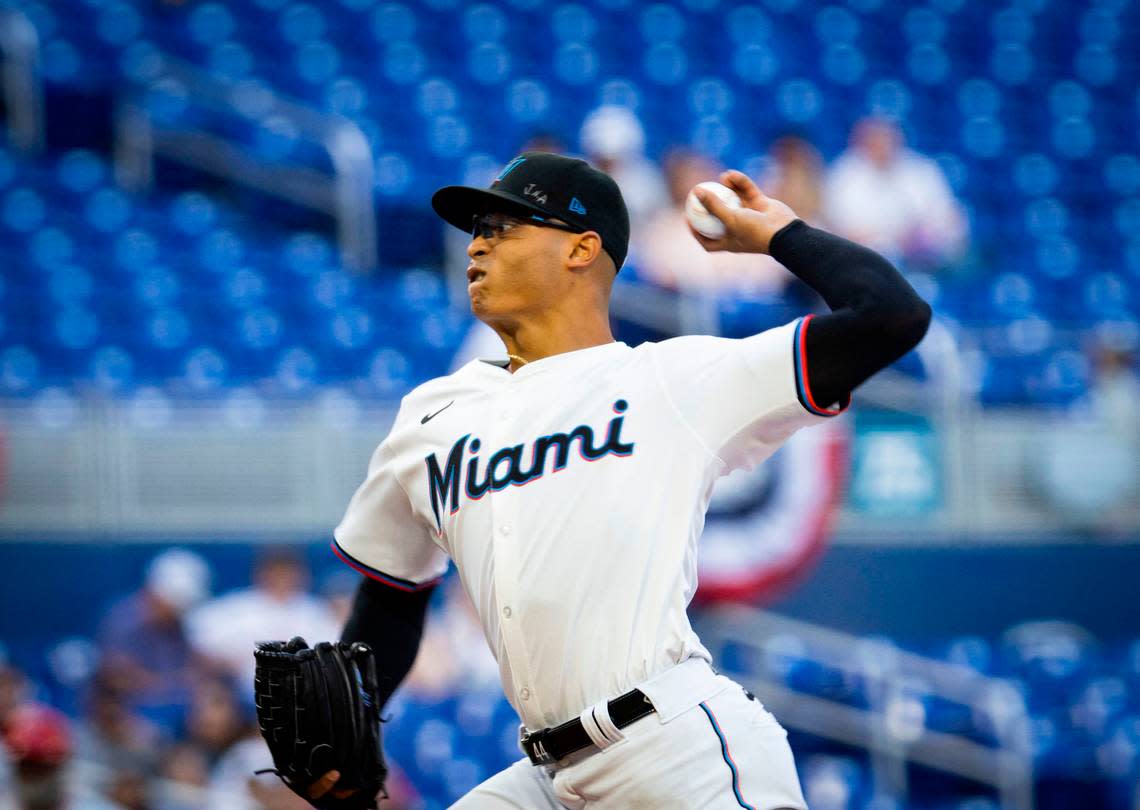 Miami Marlins starting pitcher Jesus Luzardo (44) pitches during the first inning of a baseball game on Tuesday, April 2, 2024, at loanDepot Park in Miami. Alie Skowronski/askowronski@miamiherald.com