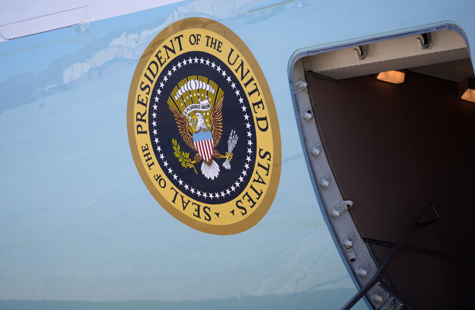 The presidential seal is seen on Air Force One before President Joe Biden boards at Andrews Air Force Base, Md., Thursday, Feb. 1, 2024, en route to Michigan. (AP Photo/Evan Vucci)
