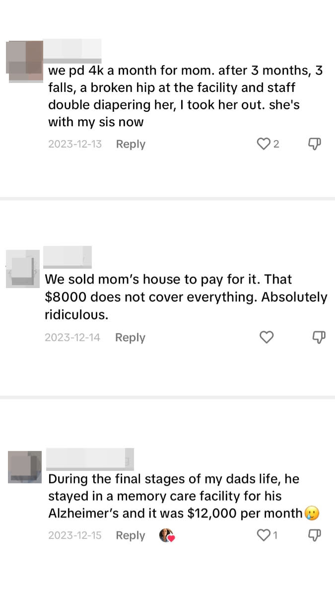 TikTok comments recounting users' experiences with eldercare, including one who sold their mom's house to pay for it