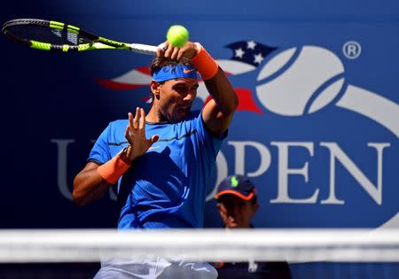 Aug 29, 2016; New York, NY, USA; Rafael Nadal of Spain hits to Denis Istomin of Uzbekistan on day one of the 2016 U.S. Open tennis tournament at USTA Billie Jean King National Tennis Center. Mandatory Credit: Robert Deutsch-USA TODAY Sports