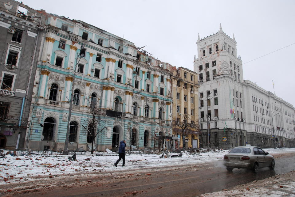 A view of buildings in a 19th-century style damaged by shelling in Kharkiv.