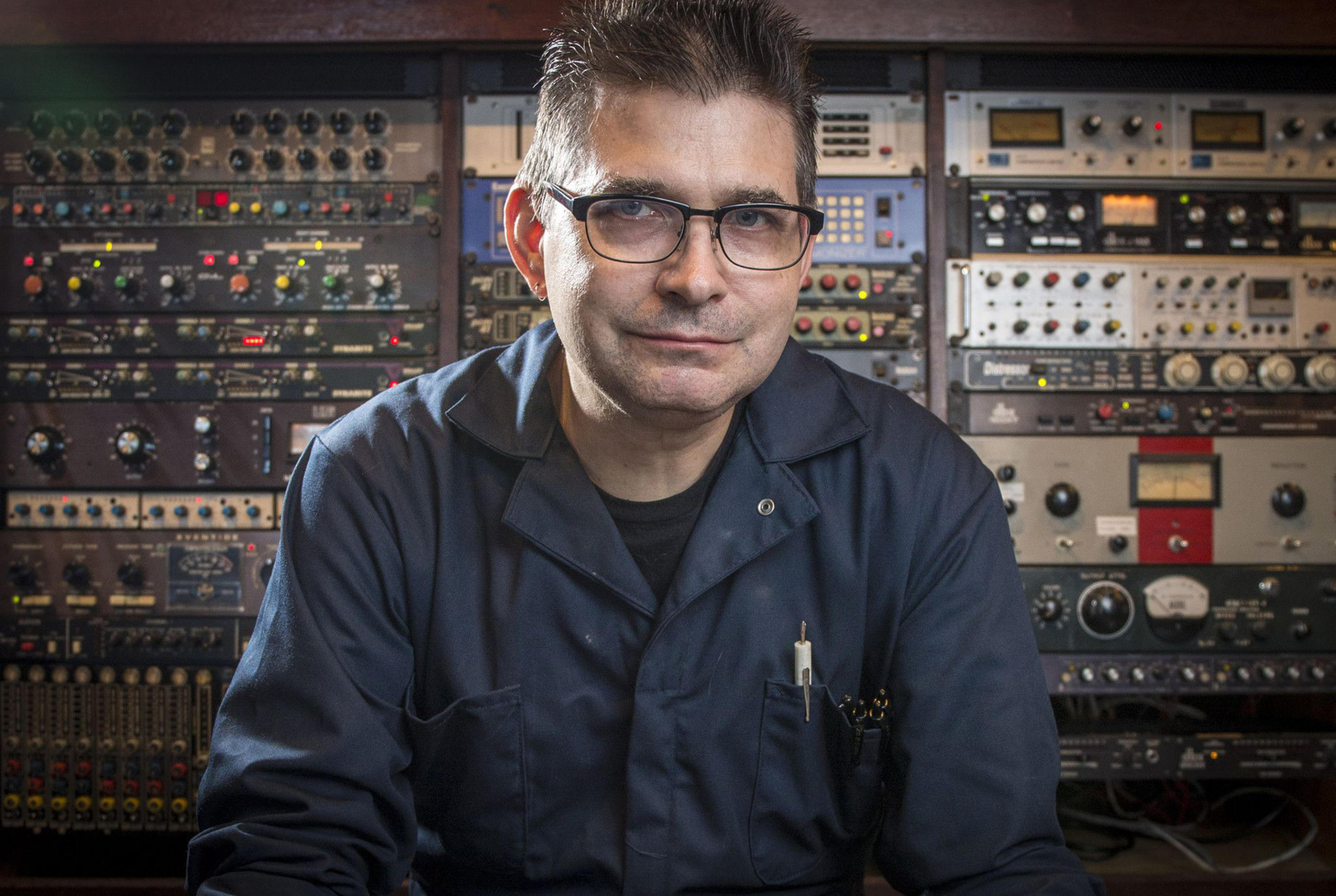 Music producer Steve Albini in his Chicago studio in 2014.