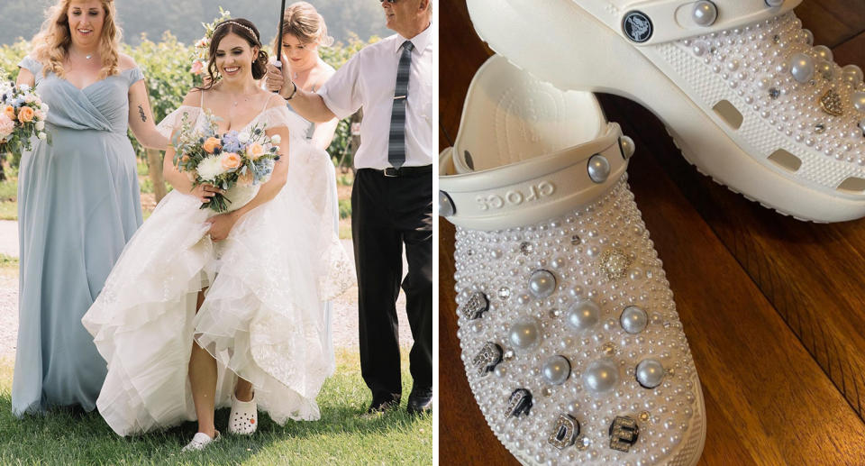 Bride wearing Crocs; Bejewelled wedding Crocs