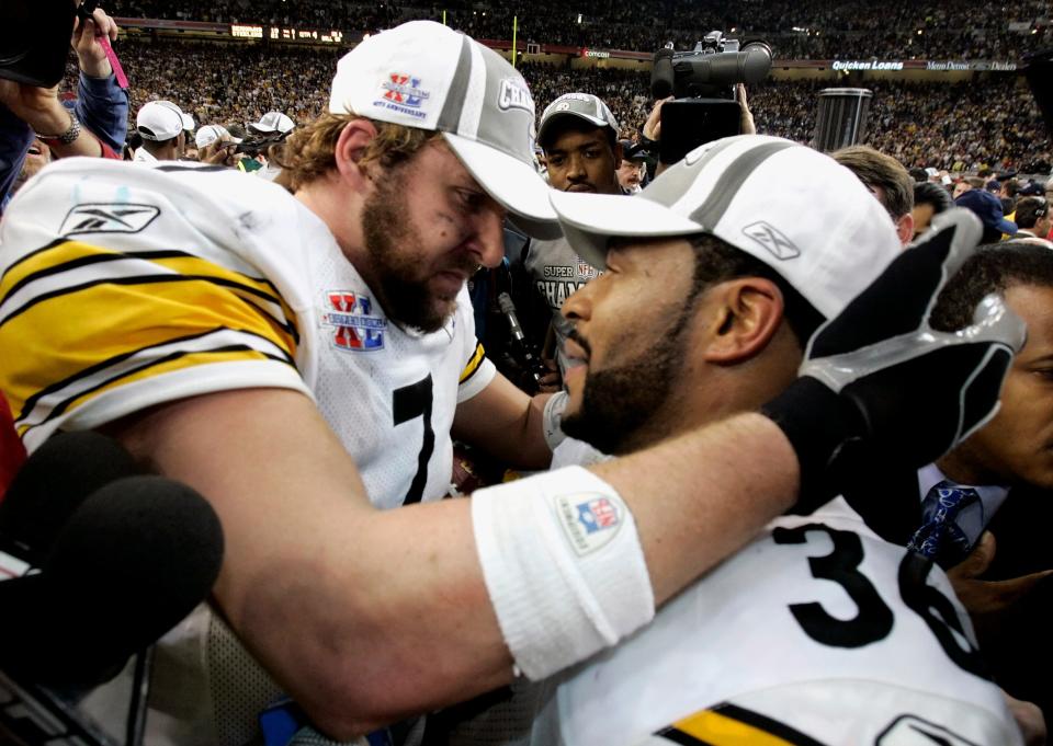 FILE - Pittsburgh Steelers quarterback Ben Roethlisberger, left, and Jerome Bettis celebrate after the Steelers' 21-10 win over the Seattle Seahawks in the Super Bowl XL football game Sunday, Feb. 5, 2006, in Detroit.