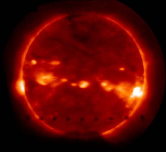 The GOES-12 satellite tracked the transit, or passage, of Venus across the face of the sun in 2004 with its solar X-ray imager.