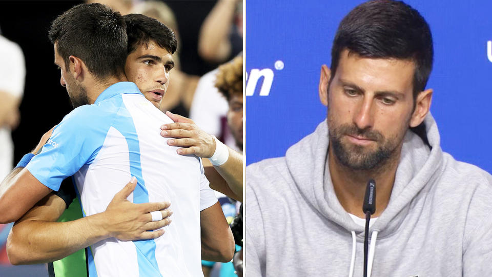 Novak Djokovic and Calos Alcaraz embrace and Djokovic speaks.