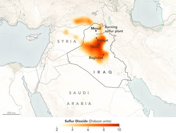 Ozone monitoring equipment detected plumes from burning oil wells and sulfur plants near Mosul, Iraq, Oct. 24, 2016.