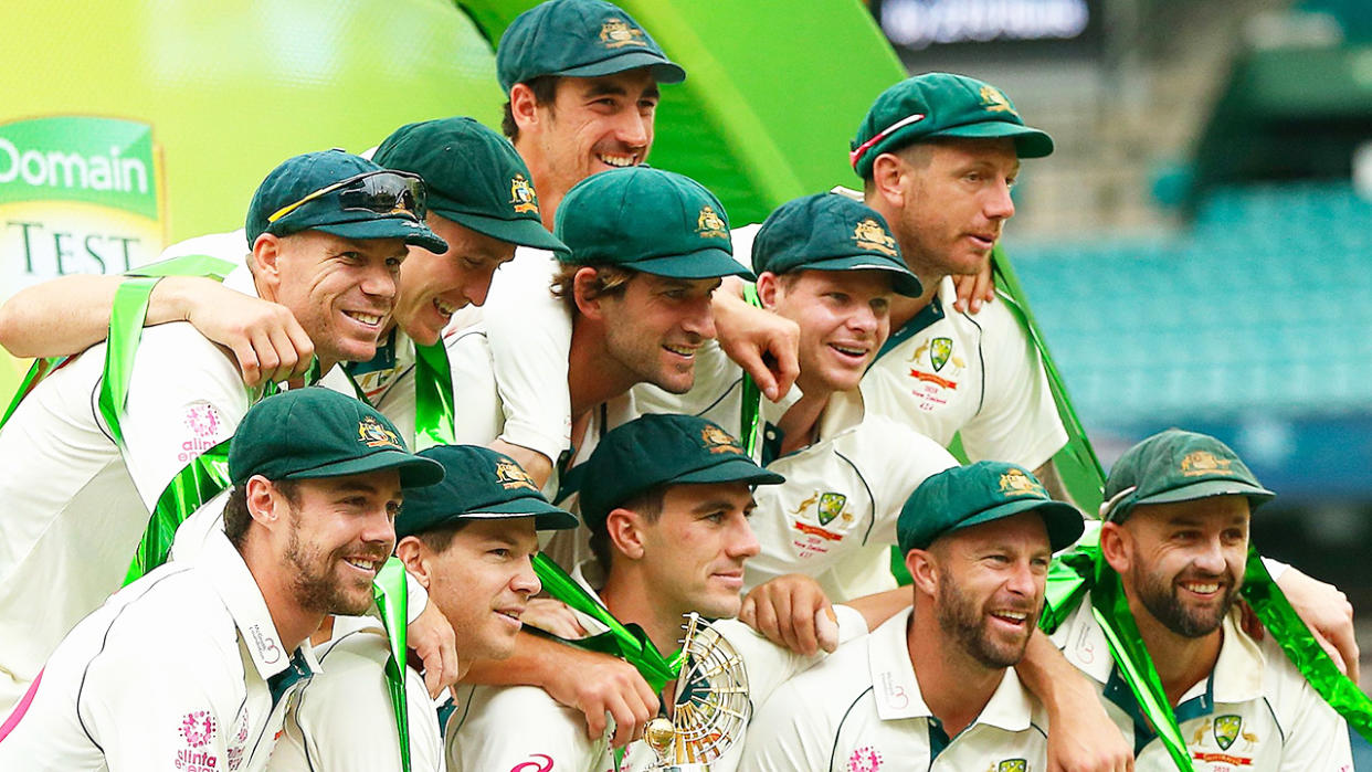 The Australian Test team is pictured celebrating after their series victory over New Zealand in January, 2020.