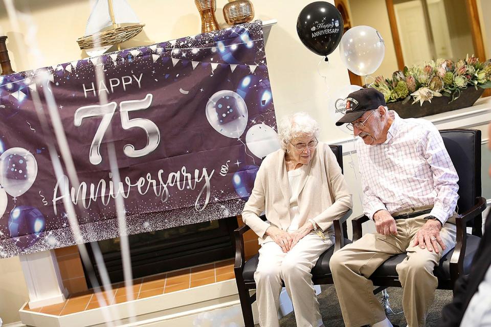 Charlie and Betty Santoro celebrate 75 years of marriage at Atria Marina Place in Quincy.