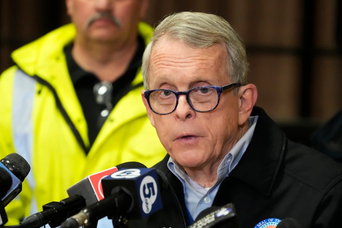 Ohio Gov. Mike DeWine meets with reporters after touring the Norfolk Southern train derailment site in East Palestine, Ohio, Monday, Feb. 6, 2023 (Copyright 2023 The Associated Press. All rights reserved)