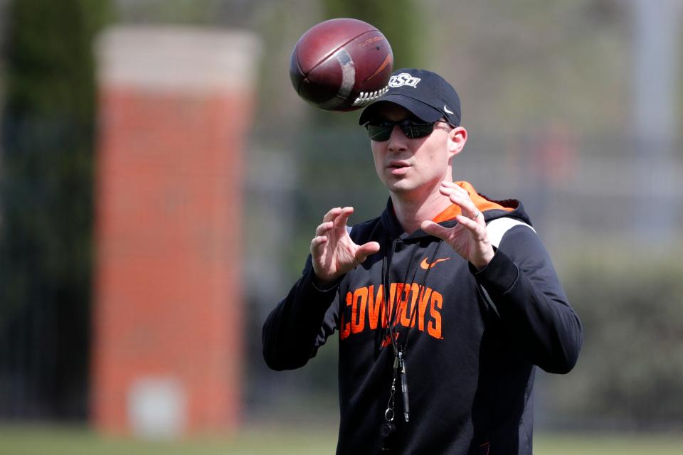 Oklahoma State defensive coordinator Bryan Nardo during an OSU spring football practice in Stillwater, Okla., Monday, April 17, 2023.