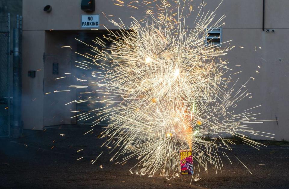 An array of explosions burst from TNT Fireworks’ “Brain Buster” on Monday, June 24, 2024, at Sacramento Fire Department Station 4 in Sacramento.