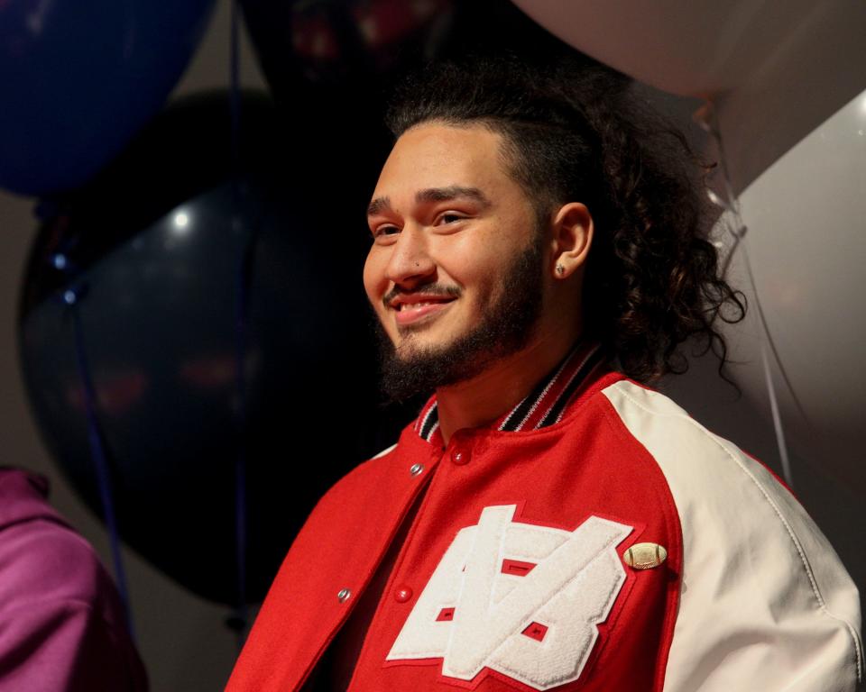 Eddie Torres celebrates on National Signing Day for signing with Westminster College, Wednesday, Feb. 7, 2024, at Vero Beach High School.