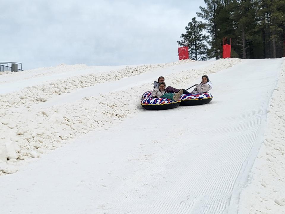 Guests zoom down snowy hills at Canyon Coaster Adventure Park in Williams.